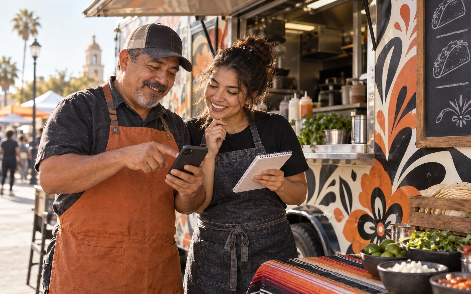 A father and daughter choosing a domain name for their food-truck business