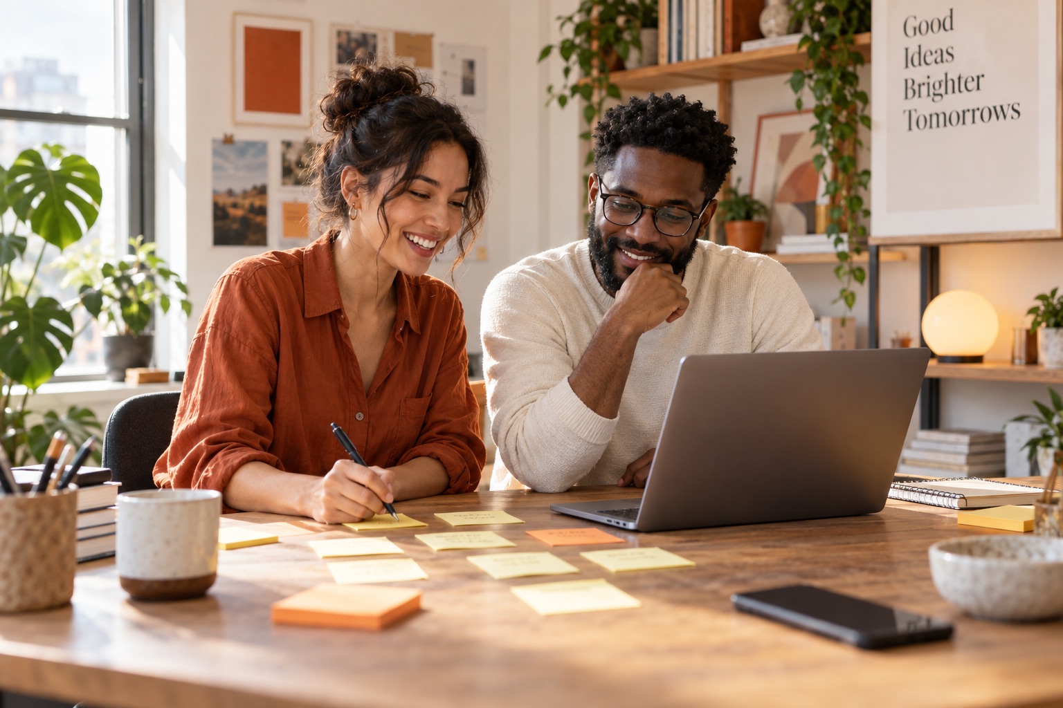 Two founders developing the online identity for a new business