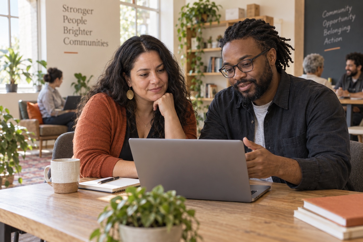 A nonprofit program director reviewing her website with a technical specialist