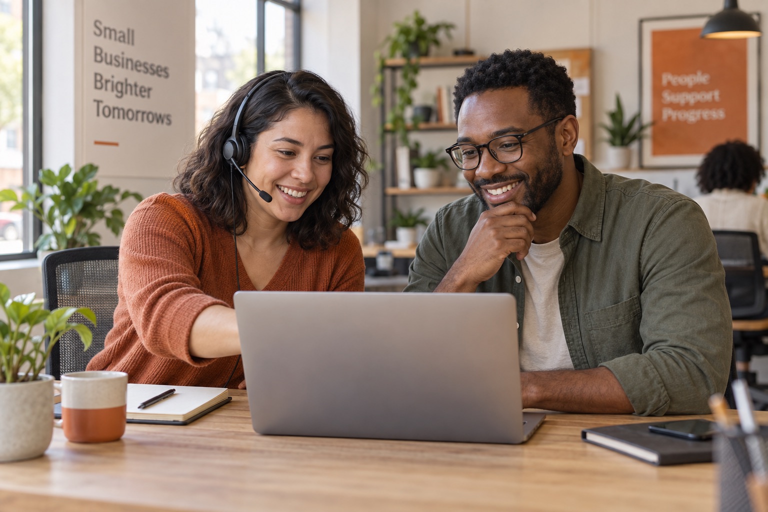 A support specialist helping a small-business owner solve a website question