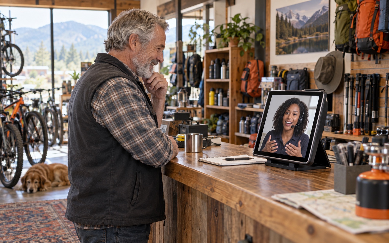 An outdoor-shop owner receiving technical guidance through a video call