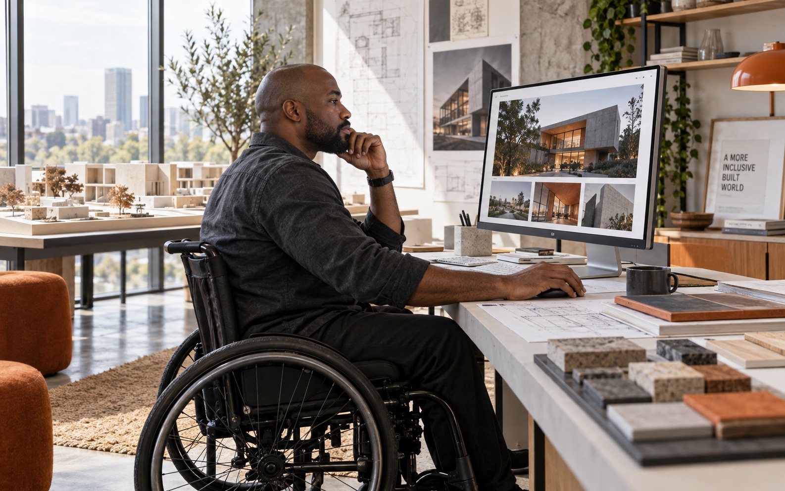 A wheelchair-using architect reviewing his online project portfolio