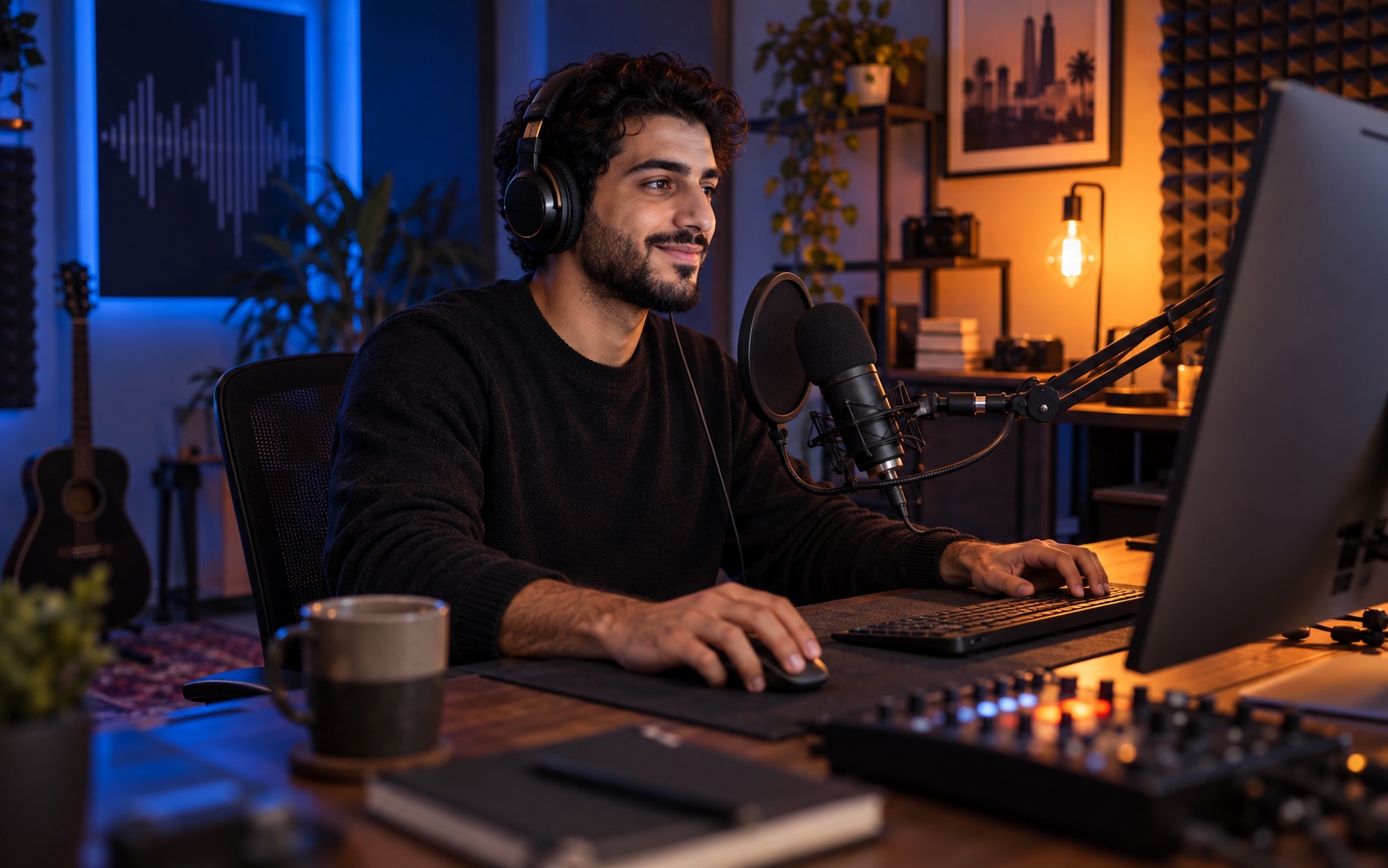 An independent podcaster publishing from his home recording studio